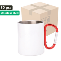 CARTON 50 pcs. Metallic white OUTDOOR mug 300ml Stainless Steel UNISUB MM-006 red carabiner