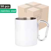 CARTON 50 pcs. Metallic white OUTDOOR mug 300ml Stainless steel UNISUB MM-004 silver carabiner