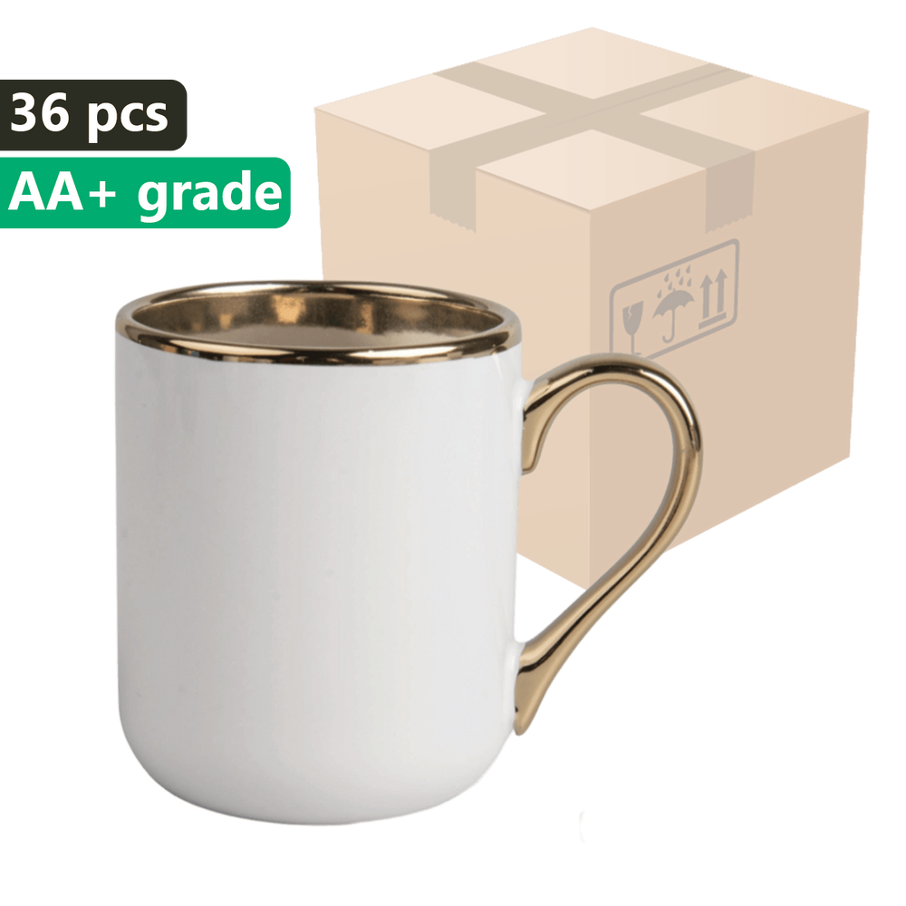 KARTON 36 Stück UNISUB Sublimationsbecher SM-060 330 ml weiß mit Goldrand und Griff Klasse AA+