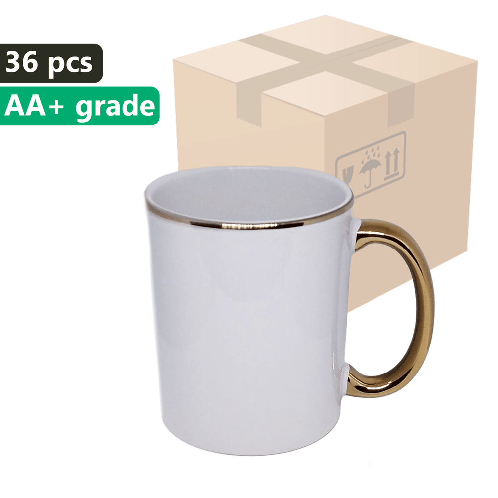 KARTON 36 ks. Bílý 330ml hrnek UNISUB třídy AAA SM-050 se zlatým okrajem a uchem pro sublimaci