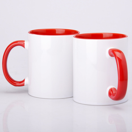 Bedruckter Becher 330 ml mit roter Innenseite und Henkel UNISUB SM-005 AA+