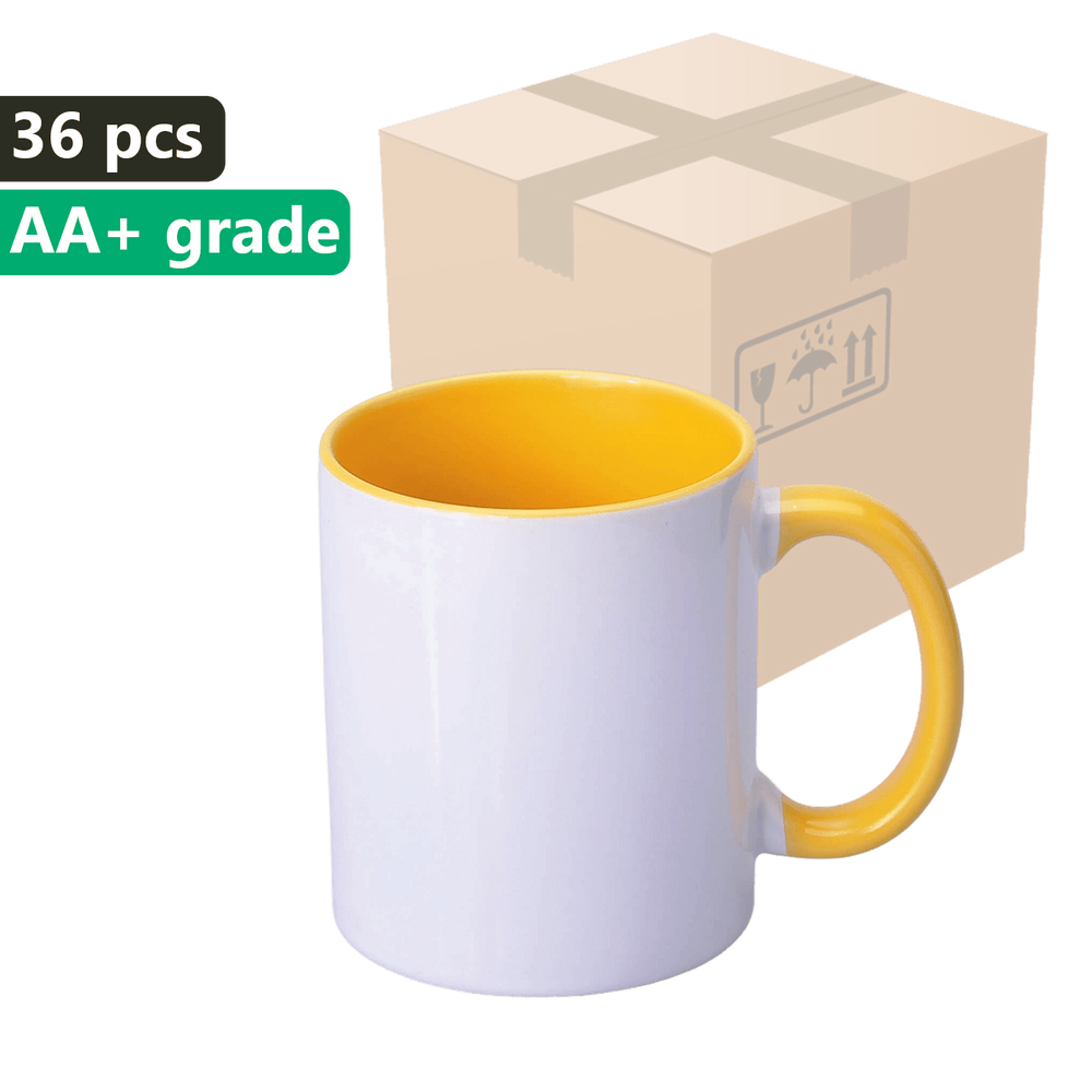 Carton 36 pieces Mug SM-004 with yellow interior and earpiece 330ml for sublimation AA+