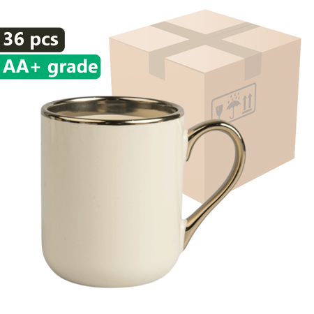KARTON 36 sztuk Kubek do sublimacji UNISUB SM-061 350 ml kremowy / beżowy żółty ze złotym obrzeżem i uszkiem klasa AA+