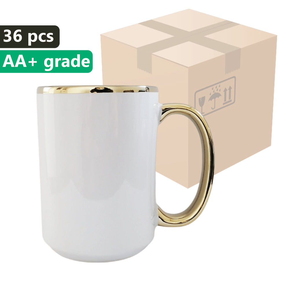 KARTON 36 Stück UNISUB Sublimationsbecher SM-059 425 ml weiß mit Goldrand und Griff Klasse AA+