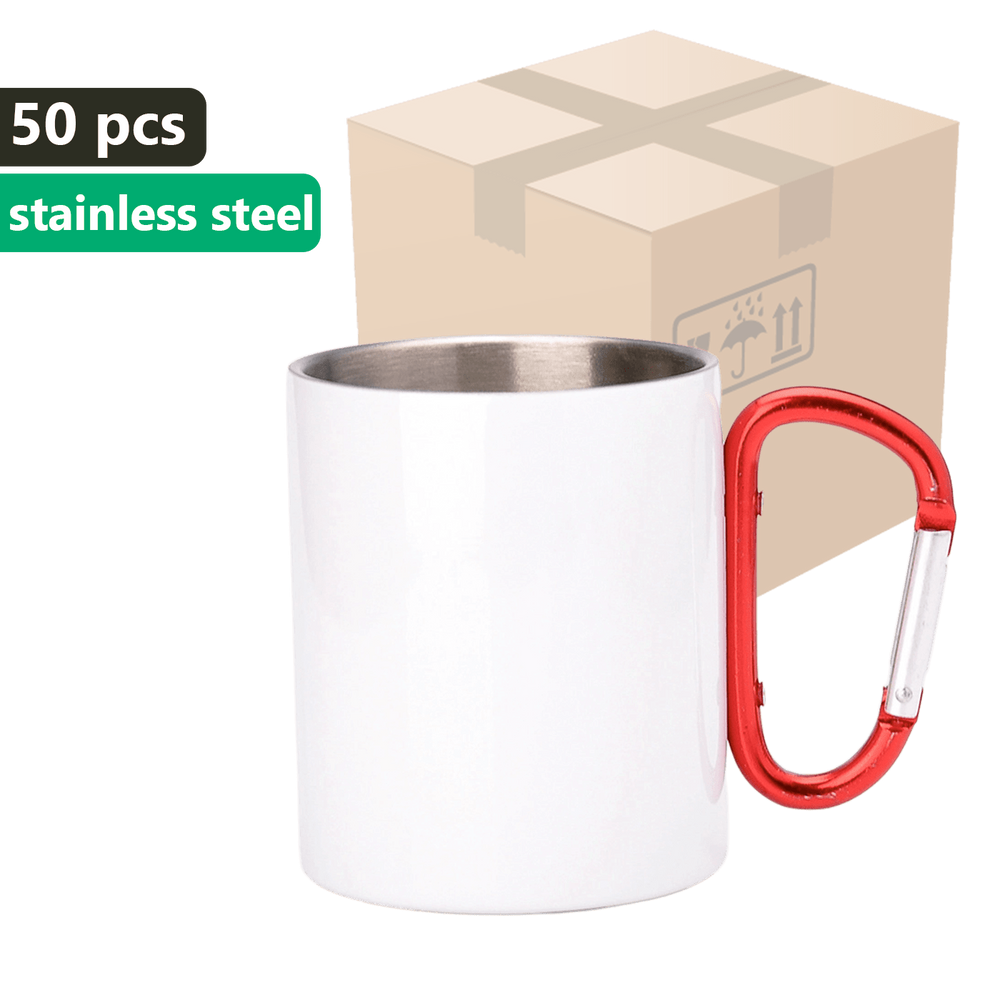 KARTON 50 szt. Kubek metaliczny biały OUTDOOR 300ml Stal Nierdzewna UNISUB MM-006 czerwony karabińczyk