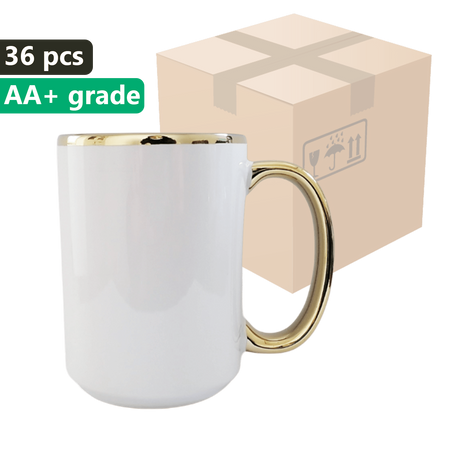 KARTON 36 Stück UNISUB Sublimationsbecher SM-059 425 ml weiß mit Goldrand und Griff Klasse AA+