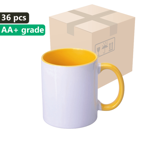 Karton 36 kusů Hrnek SM-004 se žlutým vnitřkem a sluchátkem 330 ml pro sublimaci AA+