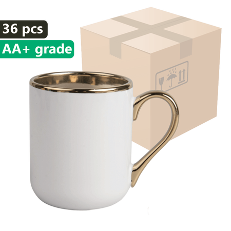 KARTON 36 Stück UNISUB Sublimationsbecher SM-060 330 ml weiß mit Goldrand und Griff Klasse AA+