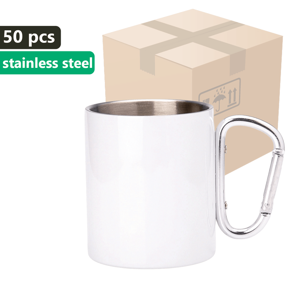 CARTON 50 pcs. Metallic white OUTDOOR mug 300ml Stainless steel UNISUB MM-004 silver carabiner