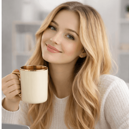 Kubek z nadrukiem UNISUB SM-061 330 ml ELEGANT beżowy / kremowy ze złotym uszkiem