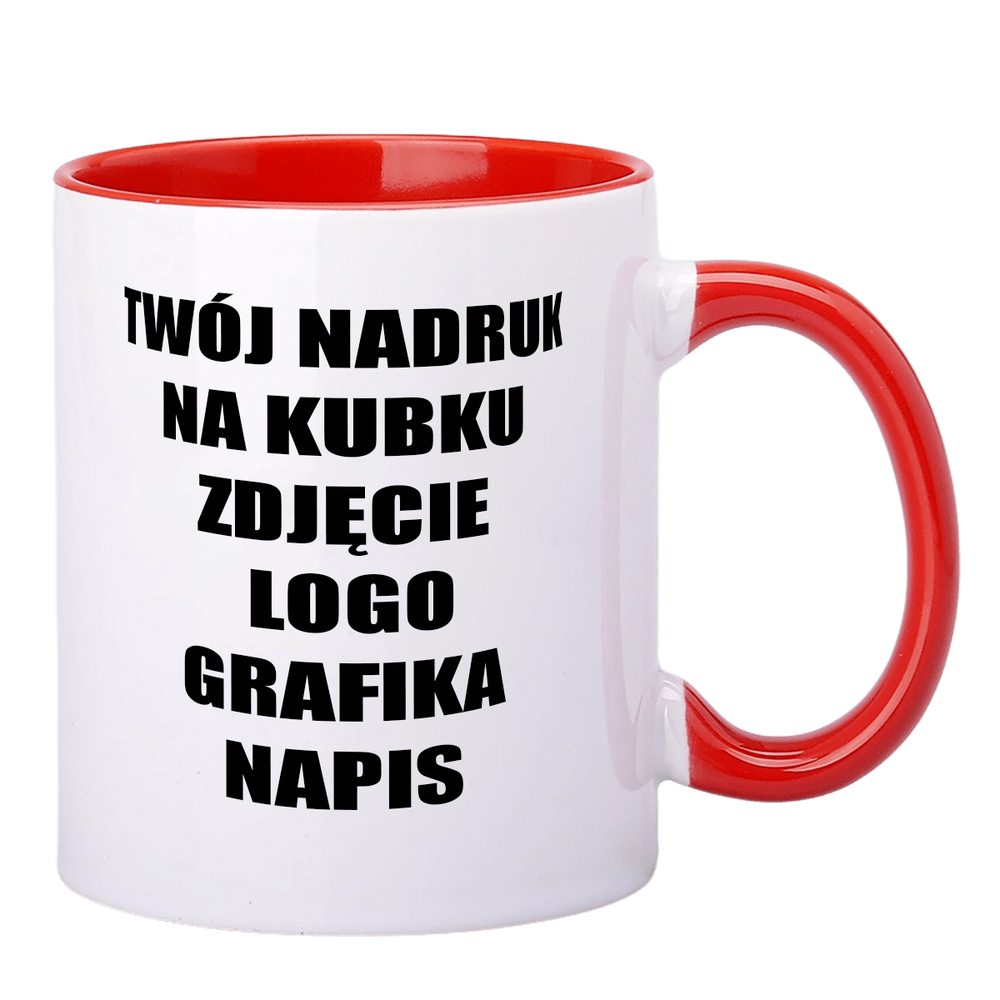 Kubek z nadrukiem 330 ml z czerwonym wnętrzem i uszkiem UNISUB SM-005 AA+