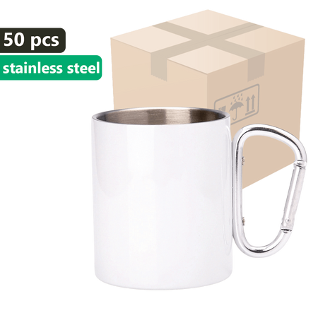 CARTON 50 pcs. Metallic white OUTDOOR mug 300ml Stainless steel UNISUB MM-004 silver carabiner