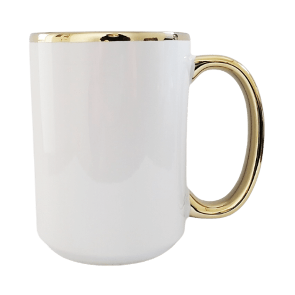 Kubek do sublimacji UNISUB SM-059 425 ml biały ze złotym obrzeżem i uszkiem klasa AA+