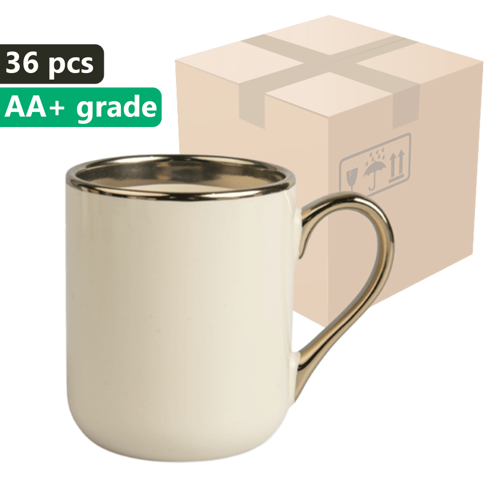 KARTON 36 sztuk Kubek do sublimacji UNISUB SM-061 350 ml kremowy / beżowy żółty ze złotym obrzeżem i uszkiem klasa AA+